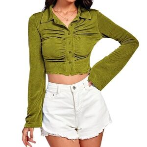 Green Ruched Button-Front Crop Top with Bell Sleeves Size S - NWOT